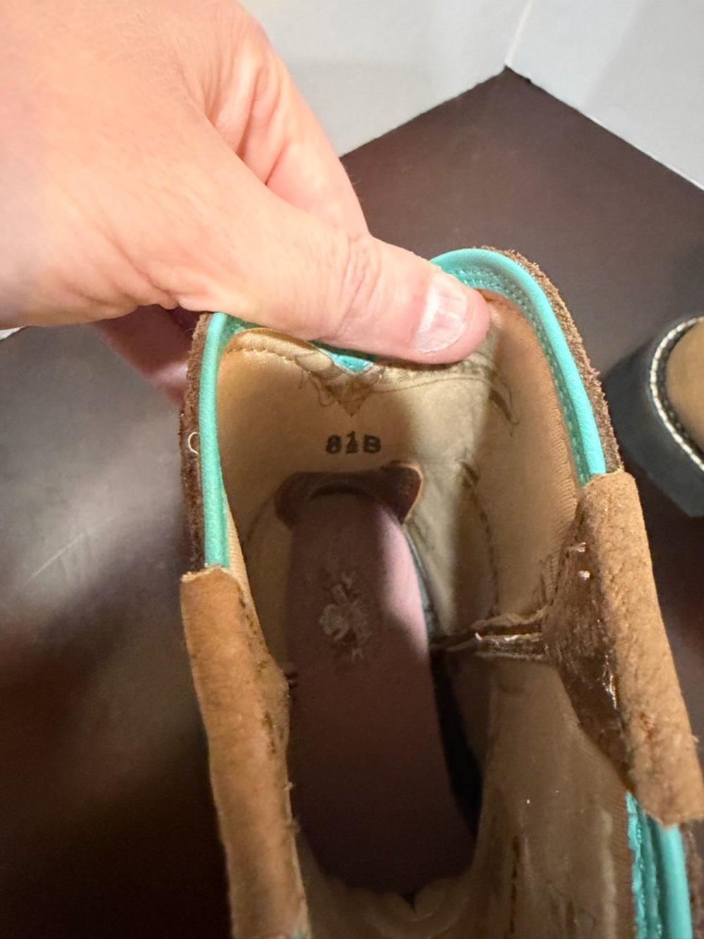 Ariat Tan and Brown Ladies Fat Baby Western Boots with Teal Stitching - Picture 3 of 7